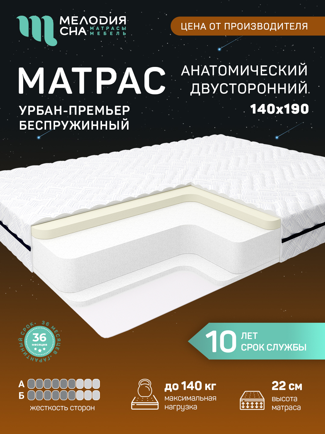 Матрас Урбан Премьер Без пружин 140х190